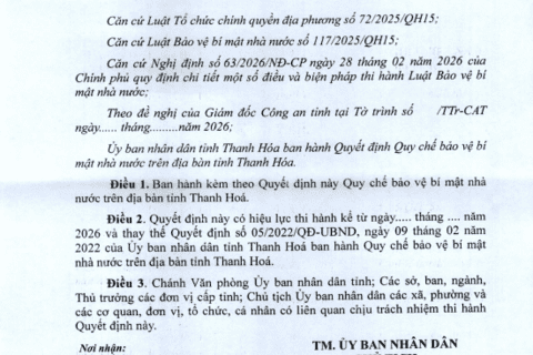 Dự thảo Quyết định, Quy chế bảo vệ bí mật nhà nước trên địa bàn tỉnh Thanh Hoá và bản tổng hợp ý kiến, tiếp thu, giải trình