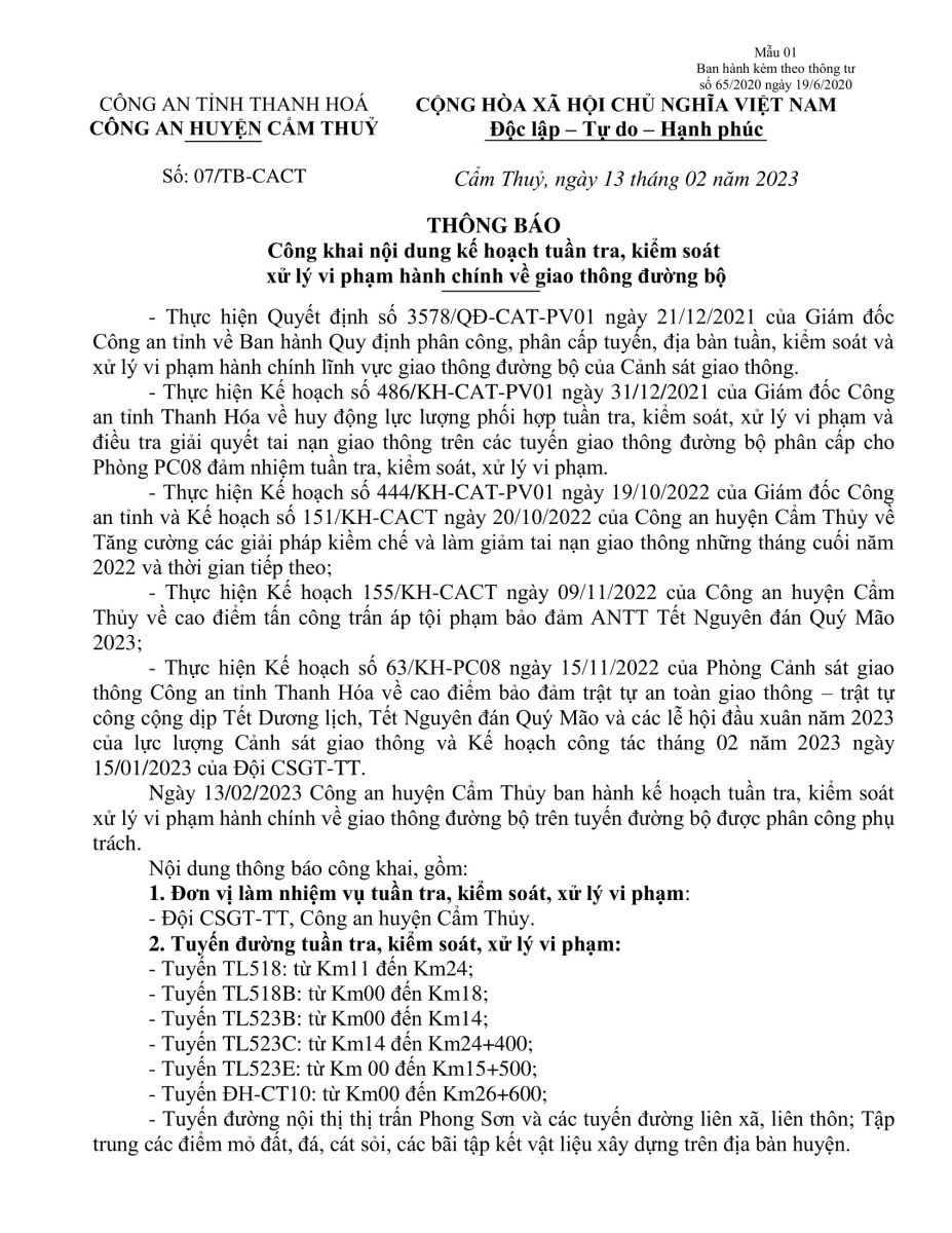Công khai nội dung kế hoạch TTKS và XLVP của Công an huyện Cẩm Thủy từ ngày 13/02/2023 đến ngày 19/02/2023