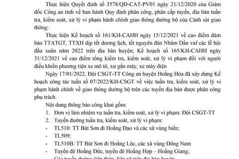 thông báo công khai kế hoạch TTKS từ ngày 17/01 đến hết ngày 23/01/2022 của Công an huyện Hoằng Hoá