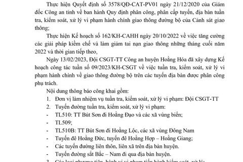 Thông báo công khai Kế hoạch công tác tuần (từ ngày 13/02/2023 đến ngày 19/02/2023) của Công an huyện Hoằng Hóa