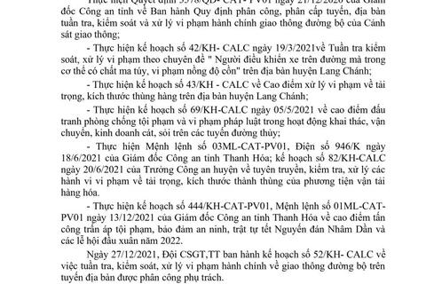 Công an huyện Lang Chánh thông báo công khai kế hoạch TTKS từ ngày 27/12/2021 đến ngày 02/01/2022