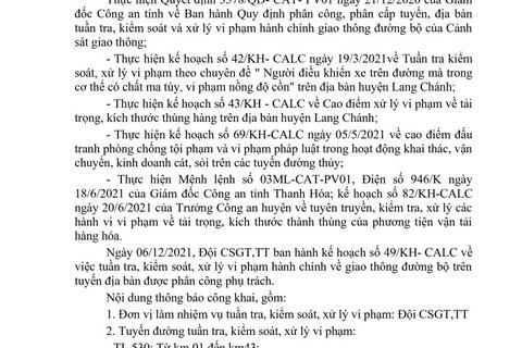 Công an huyện Lang Chánh thông báo công khai kế hoạch TTKS từ ngày 06/12 đến ngày 12/12/2021