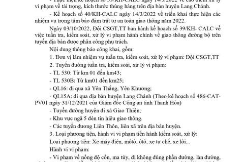 Công an huyện Lang Chánh thông báo nội dung công khai TTKS từ ngày 03/10 - 109/10/2022