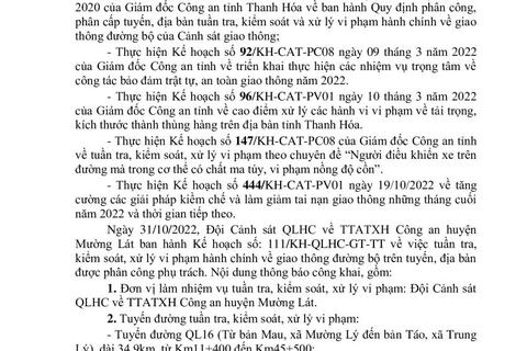 Thông báo công khai nội dung TTKS, XLVP của Đội Cảnh sát QLHC về TTATXH Công an huyện Mường Lát (Từ ngày 31/10/2022 đến 06/11/2022)