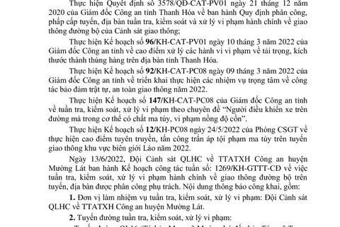 Thông báo công khai nội dung TTKS, XLVP của Đội Cảnh sát QLHC về TTATXH Công an huyện Mường Lát từ ngày 13/06/2022 đến 19/06/2022