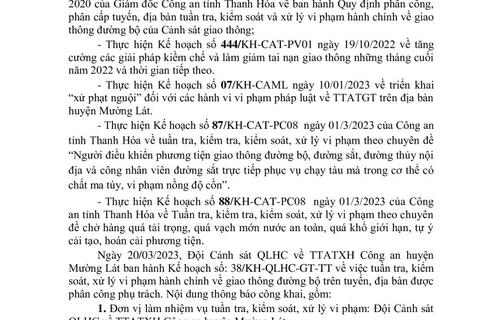 Thông báo công khai nội dung TTKS, XLVP của Đội Cảnh sát QLHC về TTATXH Công an huyện Mường Lát (Từ ngày 20/03/2023 đến 26/03/2023)
