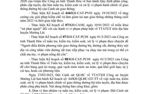 Thông báo công khai nội dung TTKS, XLVP của Đội Cảnh sát QLHC về TTATXH Công an huyện Mường Lát (Từ ngày 27/03/2023 đến 02/04/2023)