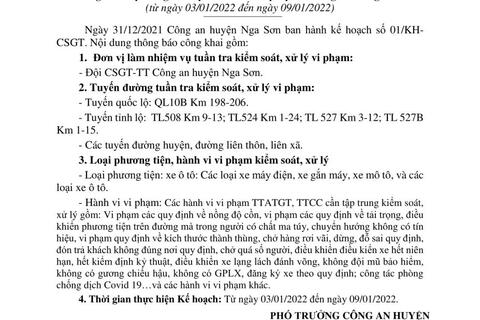 Kế hoạch TTKS và XLVP Công an huyện Nga Sơn (từ ngày 03/01/2022 đến ngày 09/01/2021)