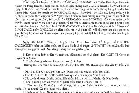 Kế hoạch TTKS, XLVP về TTATGT trên địa bàn huyện Như Xuân từ ngày 01/11/2021 đến ngày 07/11/2021