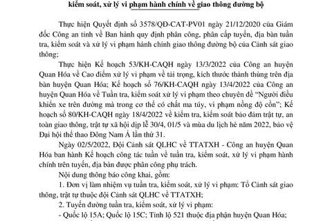 Kế hoạch TTKS xử lý VPHC - Công an huyện Quan Hóa từ ngày 02/5/2022 đến ngày 08/5/2022