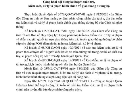 Kế hoạch tuần tra, kiểm soát, xử lý vi phạm hành chính về giao thông đường bộ của Đội CSGT - Công an huyện Quan Hoá ( từ ngày 01/11/2021 đến ngày 07/11/2021)