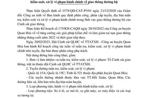 Kế hoạch TTKS, XLVPHC về giao thông đường bộ Công an huyện Quan Hoá ( từ ngày 20/02/2023 đến ngày 26/02/2023)