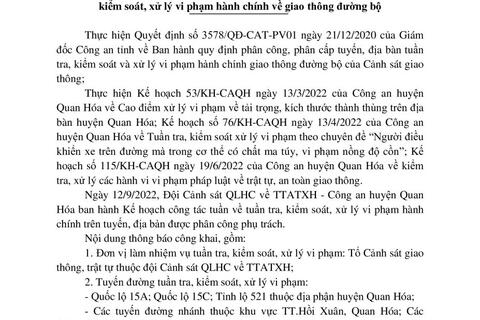 Kế hoạch TTKS, XLVPHC  - Công an huyện Quan Hóa từ ngày 12/9/2022 đến 18/9/2022
