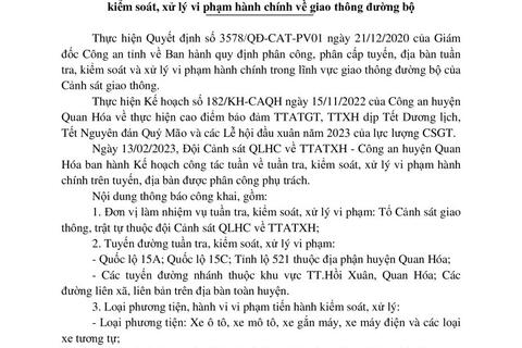 Kế hoạch TTKS, XLVPHC về giao thông đường bộ Công an huyện Quan Hoá ( từ ngày 13/02/2023 đến ngày 19/02/2023)