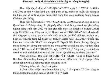 Kế hoạch TTKS, XLVPHC về giao thông đường bộ của Đội CSGT - Công an huyện Quan Hoá ( từ ngày 28/8/2023 đến ngày 03/9/2023)