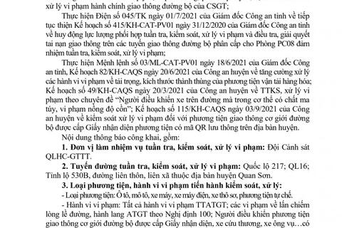 Kế hoạch TTKS, xử lý vi phạm hành chính TTATGT đường bộ Công an huyện Quan Sơn từ 15/11 - 21/11/2021