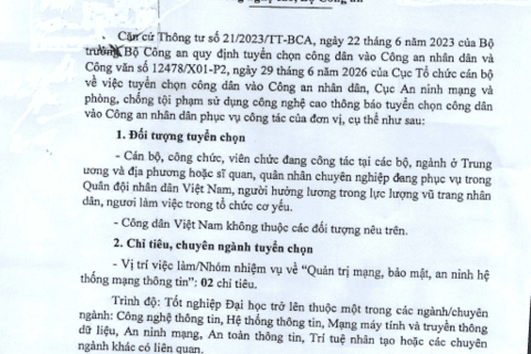 Thông báo tuyển chọn công dân vào Công an nhân dân công tác tại Cục An ninh mạng và phòng, chống tội phạm sử dụng công nghệ cao, Bộ Công an