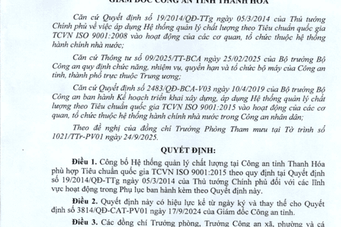 Quyết định về việc công bố Hệ thống quản lý chất lượng phù hợp với Tiêu chuẩn quốc gia TCVN ISO 9001:2015