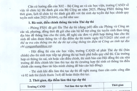 Thông báo lịch tổ chức kỳ thi đánh giá của Bộ Công an năm 2025