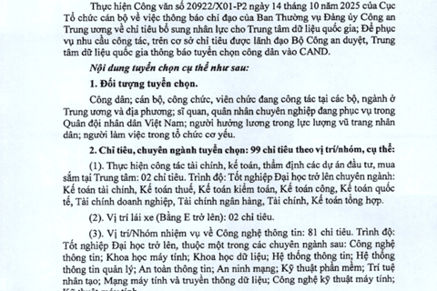 Thông báo về việc tuyển chọn công dân vào CAND của Trung tâm Dữ liệu quốc gia
