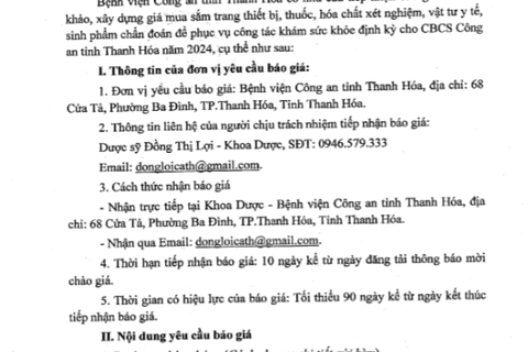 Bệnh viện Công an tỉnh Thanh Hóa thông báo yêu cầu báo giá