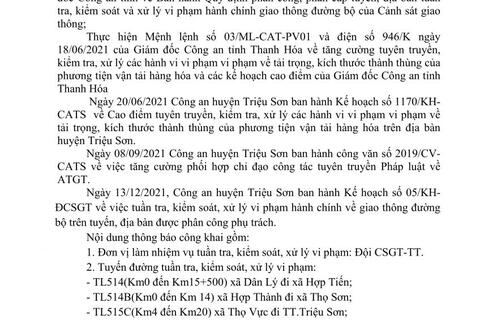 Công an huyện Triệu Sơn thông báo công khai nội dung kế hoạch TTKS, xử lý vi phạm về giao thông đường bộ (từ ngày 13/12/2021 đến 19/12/2021)
