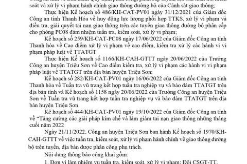 Công an huyện Triệu Sơn thông báo công khai nội dung kế hoạch TTKS, xử lý vi phạm về giao thông đường bộ (từ ngày 21/11/2022 đến 27/11/2022)