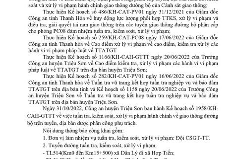 Công an huyện Triệu Sơn thông báo công khai nội dung kế hoạch TTKS, xử lý vi phạm về giao thông đường bộ (từ ngày 31/10/2022 đến 06/11/2022)