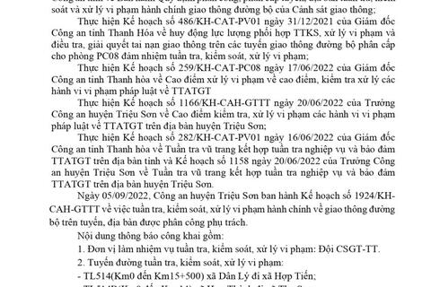 Công an huyện Triệu Sơn thông báo công khai nội dung kế hoạch TTKS, xử lý vi phạm về giao thông đường bộ (từ ngày 05/09/2022 đến 11/09/2022)