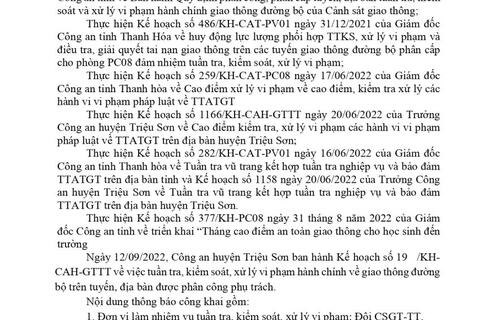 Công an huyện Triệu Sơn thông báo công khai nội dung kế hoạch TTKS, xử lý vi phạm về giao thông đường bộ (từ ngày 12/09/2022 đến 18/09/2022)