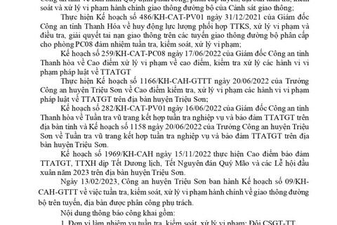 Công an huyện Triệu Sơn thông báo công khai nội dung kế hoạch TTKS, xử lý vi phạm về giao thông đường bộ (từ ngày 13/02/2023 đến 19/02/2023)