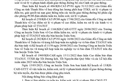Công an huyện Triệu Sơn thông báo công khai nội dung kế hoạch TTKS, xử lý vi phạm về giao thông đường bộ (từ ngày 13/03/2023 đến ngày 19/03/2023)