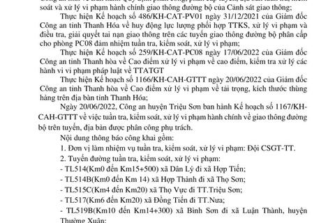 Công an huyện Triệu Sơn thông báo công khai nội dung kế hoạch TTKS, xử lý vi phạm về giao thông đường bộ (từ ngày 20/06/2022 đến 26/06/2022)