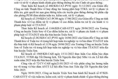 Công an huyện Triệu Sơn thông báo công khai nội dung kế hoạch TTKS, xử lý vi phạm về giao thông đường bộ (từ ngày 30/01/2023 đến ngày 05/02/2023