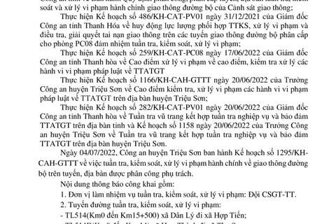 Công an huyện Triệu Sơn thông báo công khai nội dung kế hoạch TTKS, xử lý vi phạm về giao thông đường bộ (từ ngày 04/07/2022 đến 10/07/2022)