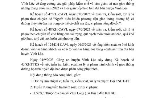 Công an huyện Vĩnh Lộc thông báo Kế hoạch TTKS tuần 43 (từ 04/9/2023 đến 10/9/2023)