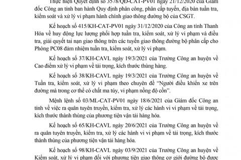 Công an huyện Vĩnh Lộc thông báo công khai kế hoạch TTKS tuần 07 (từ 27/12/2021 đến 02/01/2022)