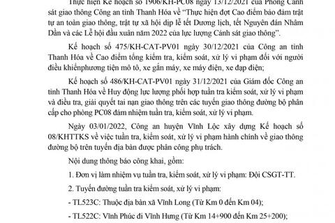 Công an huyện Vĩnh Lộc thông báo Kế hoạch TTKS tuần 08 (từ 03/01/2022 đến 09/01/2022)