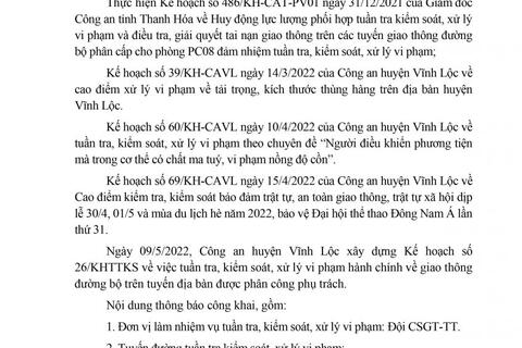 Công an huyện Vĩnh Lộc thông báo Kế hoạch TTKS tuần 26 (từ 09/5/2022 đến 15/5/2022)