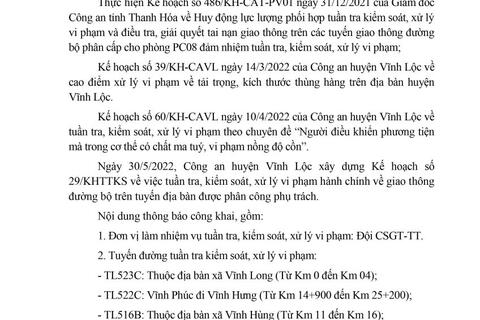 Công an huyện Vĩnh Lộc thông báo công khai Kế hoạch TTKS tuần 29 (từ 30/5/2022 đến 05/6/2022)