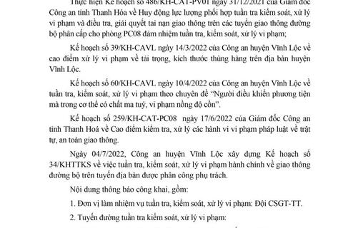 Công an huyện Vĩnh Lộc thông báo Kế hoạch TTKS tuần 34 (từ 04/7/2022 đến 10/7/2022)