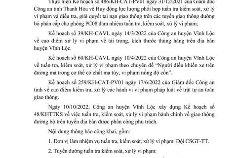 Công an huyện Vĩnh Lộc thông báo kế hoạch TTKS tuần 48 (từ 10/10/2022 đến 16/10/2022)
