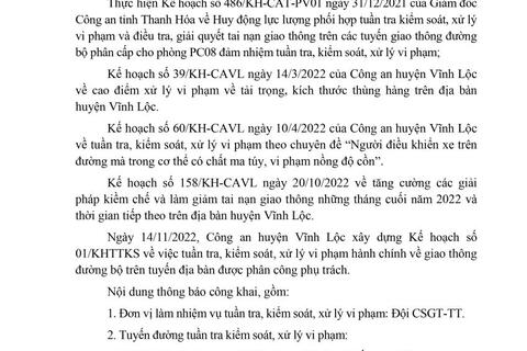 Công an huyện Vĩnh Lộc thông báo kế hoạch TTKS tuần 01 (từ 14/11/2022 đến 20/11/2022)