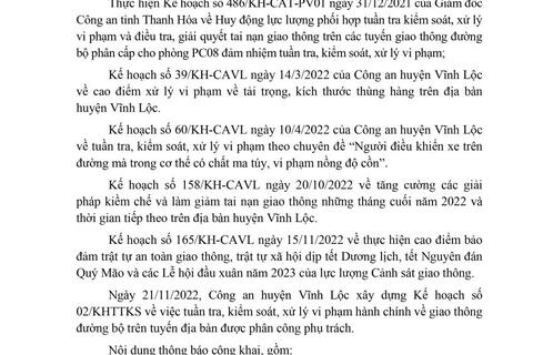 Công an huyện Vĩnh Lộc thông báo Kế hoạch TTKS tuần 02 (từ 21/11/2022 đến 27/11/2022)