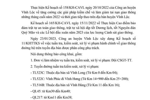 Công an huyện Vĩnh Lộc thông báo kế hoạch TTKS tuần 11 (từ 23/01/2023 đến 29/01/2023)