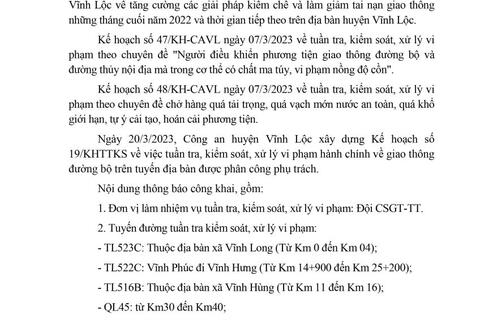 Công an huyện Vĩnh Lộc thông báo kế hoạch TTKS tuần 19 (từ 20/3/2023 đến 26/3/20230