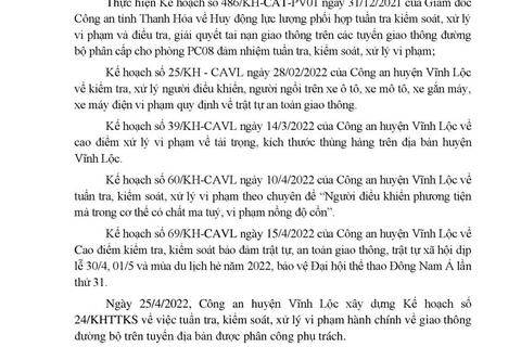 Công an huyện Vĩnh Lộc Thông báo công khai Kế hoạch TTKS tuần 24 (từ 25/4/2022 đến 01/5/2022)