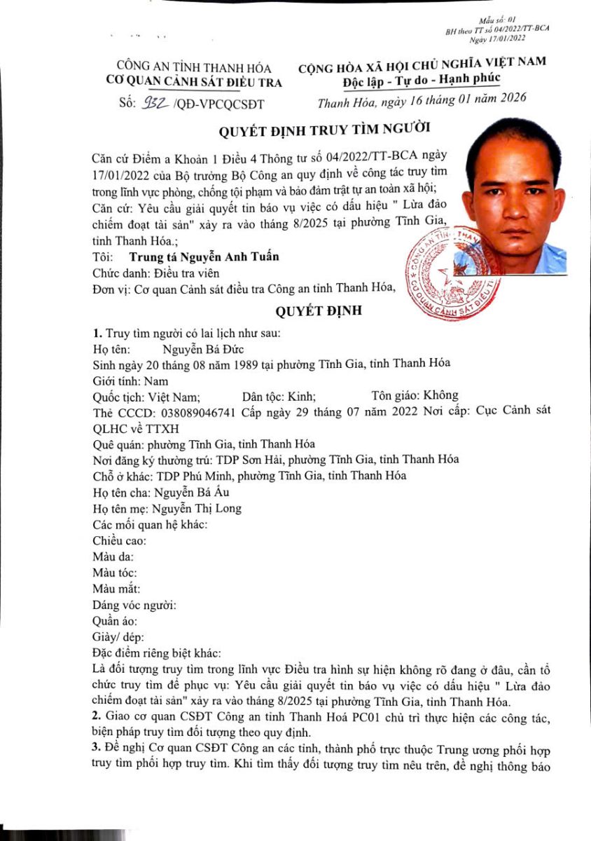 Thông báo truy tìm người số 932/QĐ-VPCQCSĐT ngày 16/01/2026 do Cơ quan CSĐT ra quyết định