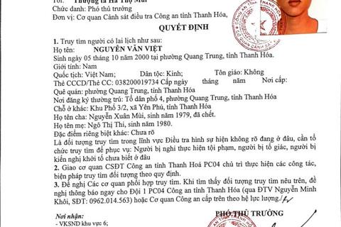 Quyết định truy tìm người số 4634/QĐ-CSMT ngày 23/3/2026 của Cơ quan CSĐT(PC04) Công an tỉnh Thanh Hóa