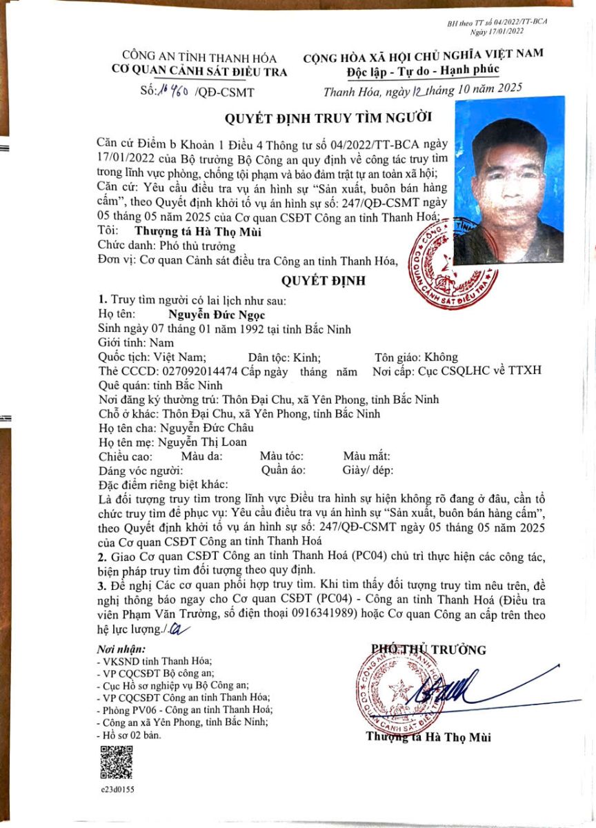 Quyết định truy tìm người số 14660/QĐ-CSMT ngày 12/10/2025 của Cơ quan CSĐT Công an tỉnh Thanh Hóa